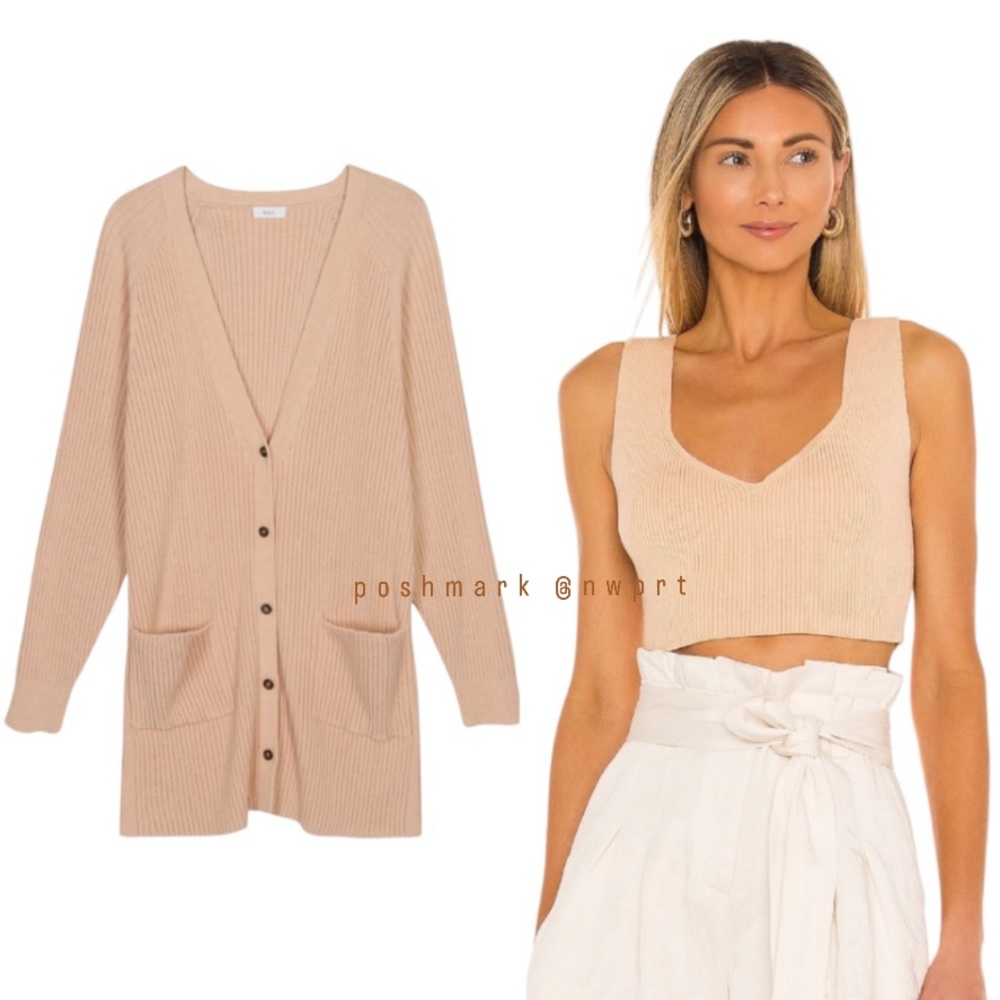 A.L.C. Caspian Cardigan Greyson Tank Rib Crop Top Wheat Beige Tan XS S (set)